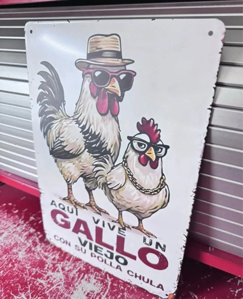 Cartel Metal Gallo Viejo Humor Multicolor