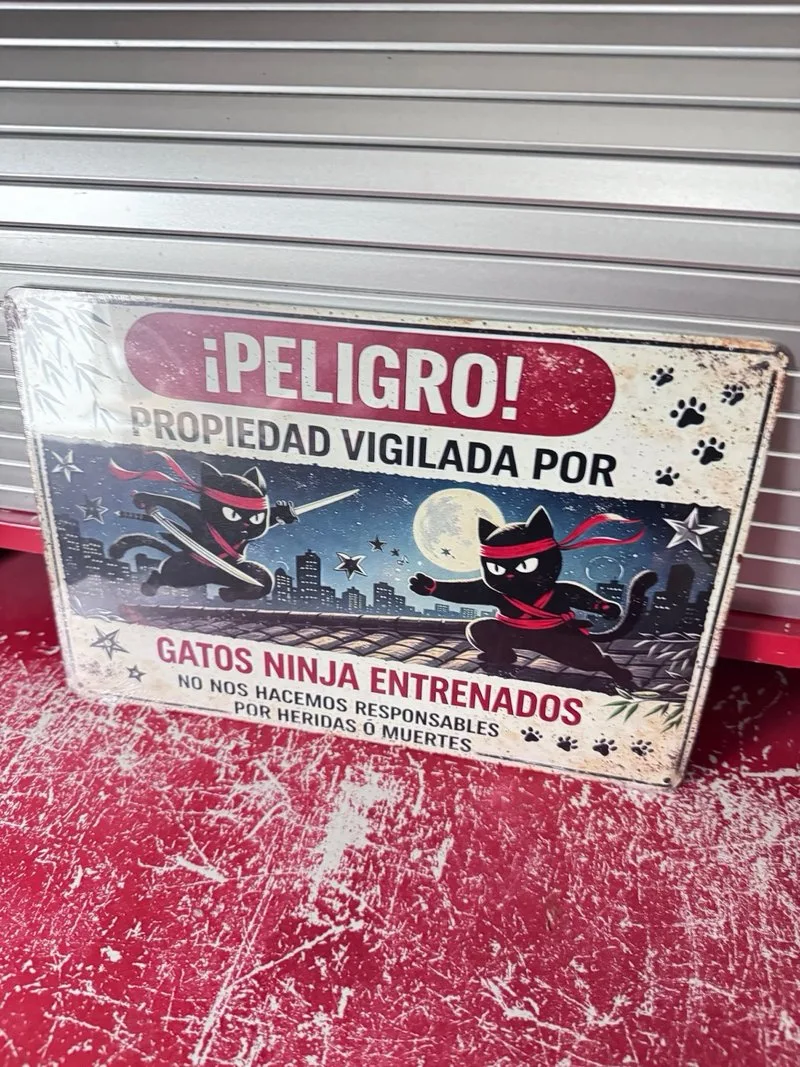 Cartel Metal Gatos Ninja ¡Peligro! Humor