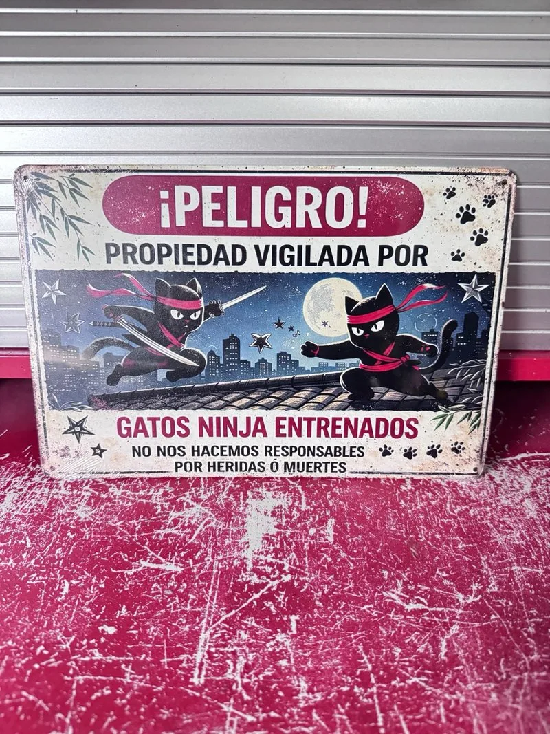 Cartel Metal Gatos Ninja ¡Peligro! Humor